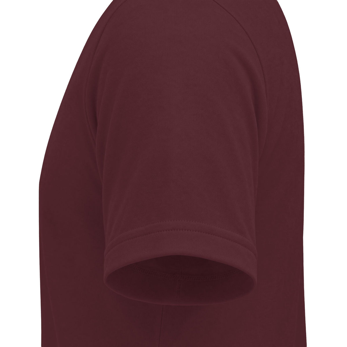 CHTQ Design maroon graphic T-shirt sleeve detail with clean hem stitching