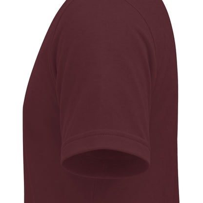 CHTQ Design maroon graphic T-shirt sleeve detail with clean hem stitching