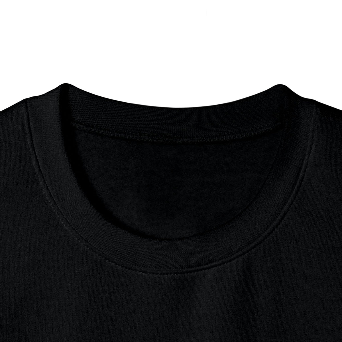 Close-up of a black AUTHENTICHAOS crewneck sweatshirt, plain back viewcrew-neck t-shirt showing the ribbed collar and inner neck lining against a plain white background.