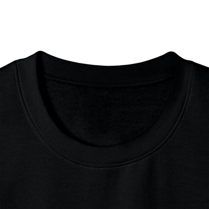 Close-up of a black AUTHENTICHAOS crewneck sweatshirt, plain back viewcrew-neck t-shirt showing the ribbed collar and inner neck lining against a plain white background.
