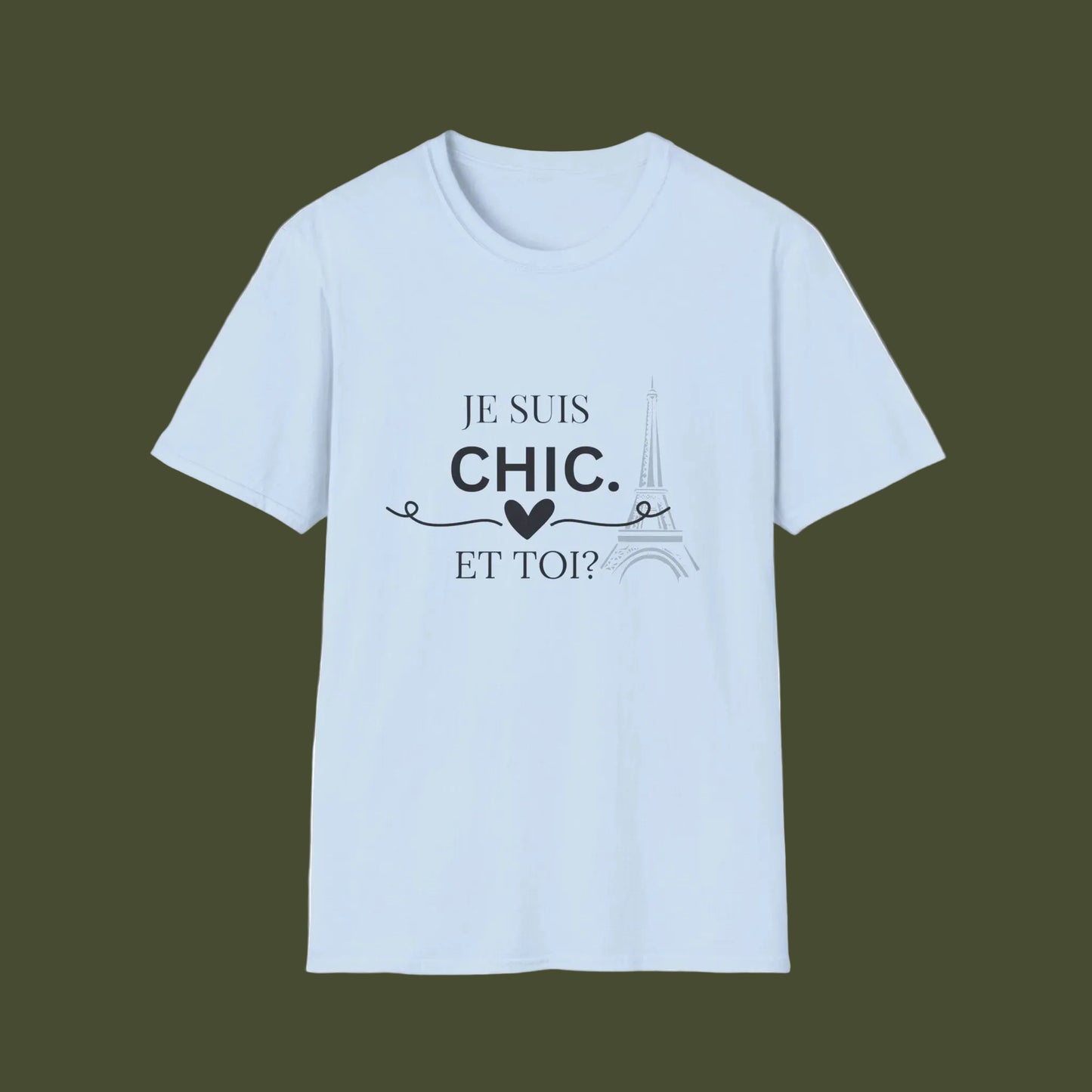 Light blue t-shirt with black text and design on background