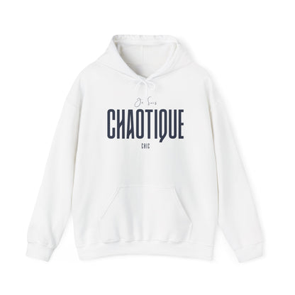 White Je Suis CHAOTIQUE CHIC pullover hoodie with dark navy typography, drawstring hood and front kangaroo pocket.
