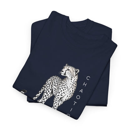 Folded Navy CHAOTIQUE graphic T-shirt with hand-drawn cheetah illustration, vertical CHAOTIQUE text and CHTQ Design details.