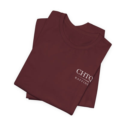 Folded maroon t-shirt with 'CHTQ Raffine' text on chest 