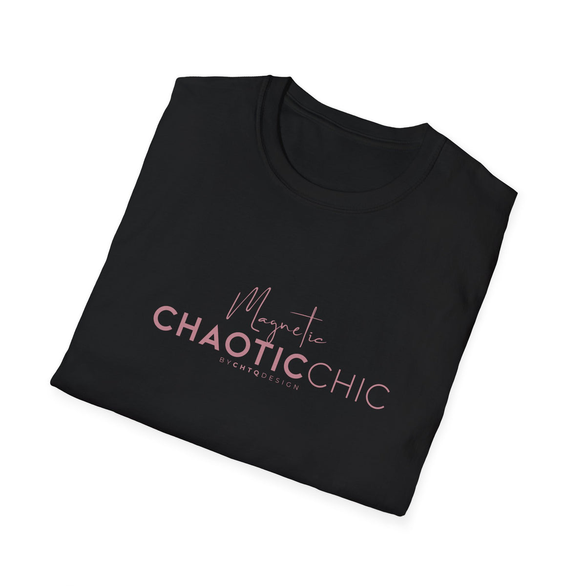 A folded black short-sleeve graphic T-shirt with 'Magnetic Chaotic Chic' printed in pink across the chest, displayed against a plain white background.