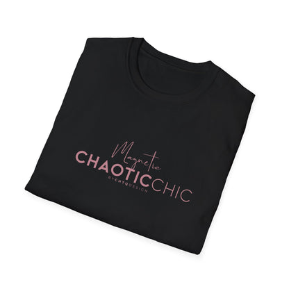 A folded black short-sleeve graphic T-shirt with 'Magnetic Chaotic Chic' printed in pink across the chest, displayed against a plain white background.