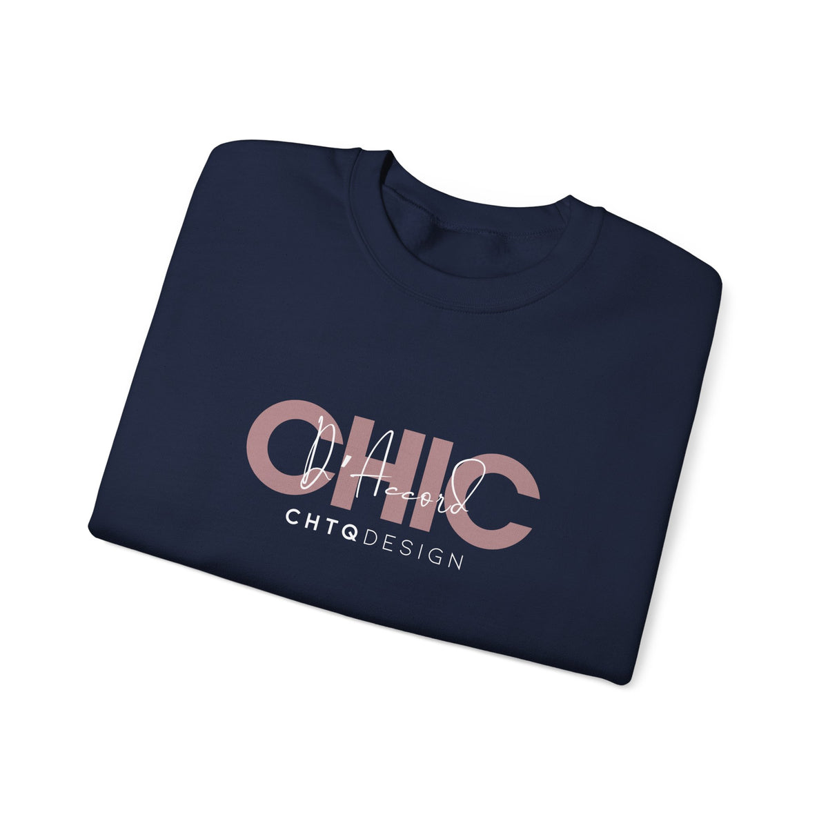 A folded CHIC D’Accord CHTQ Design navy crewneck sweatshirt with dusty rose graphic