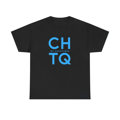 A black CHTQ BY CHAOTIQUE graphic T-shirt featuring a blue typographic print on the front, displayed against a clean white background.