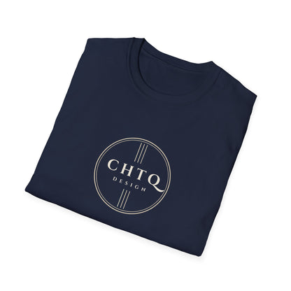 Folded navy blue men’s graphic T-shirt featuring a gold CHTQ Design circle logo on the front, displayed against a white background.
