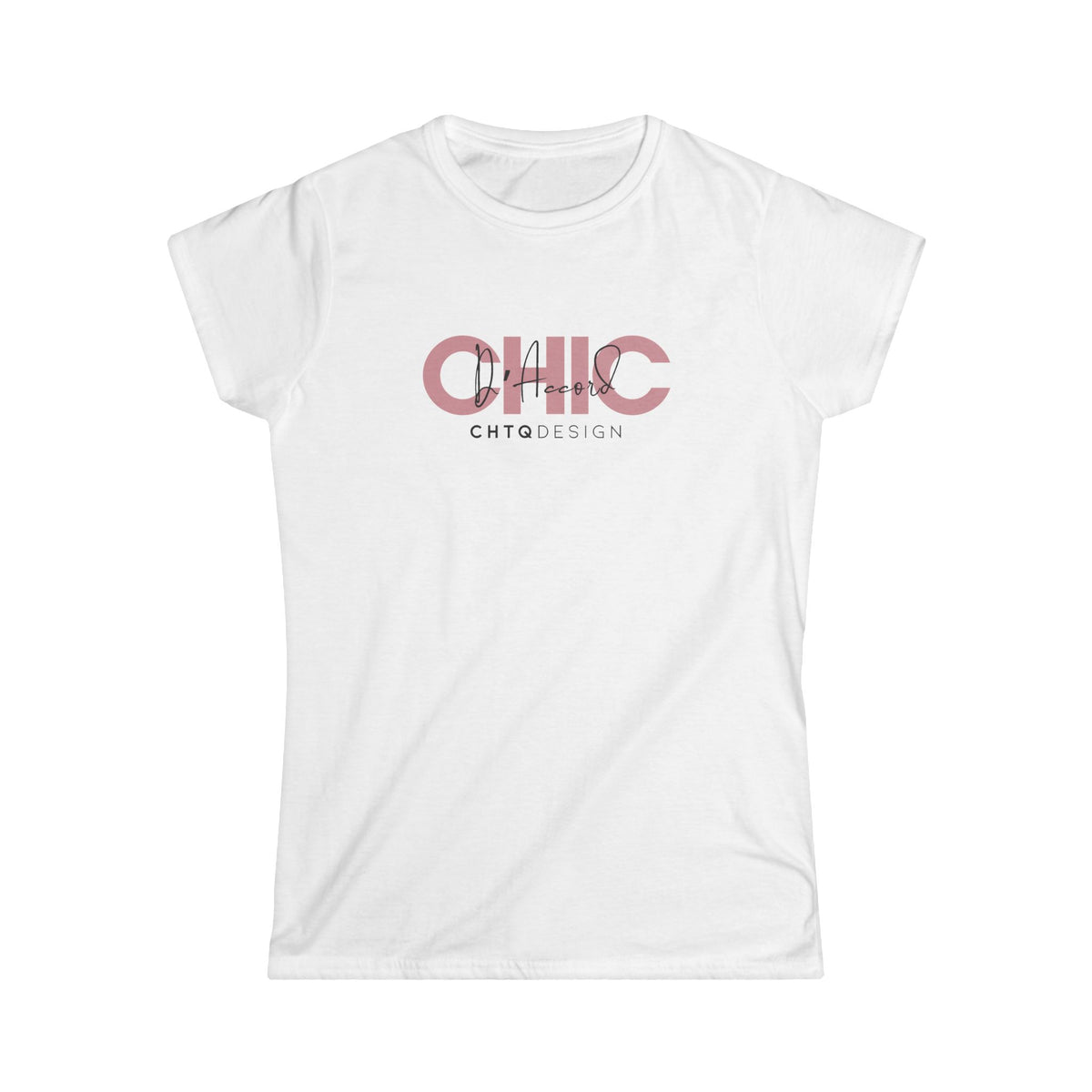 A white short-sleeve crewneck t-shirt with a graphic print on the chest reading 'CHIC D'Accord' in a dusty pink color, with 'CHTQDESIGN' printed underneath in black, displayed on a clean white background.