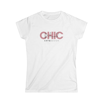 A white short-sleeve crewneck t-shirt with a graphic print on the chest reading 'CHIC D'Accord' in a dusty pink color, with 'CHTQDESIGN' printed underneath in black, displayed on a clean white background.