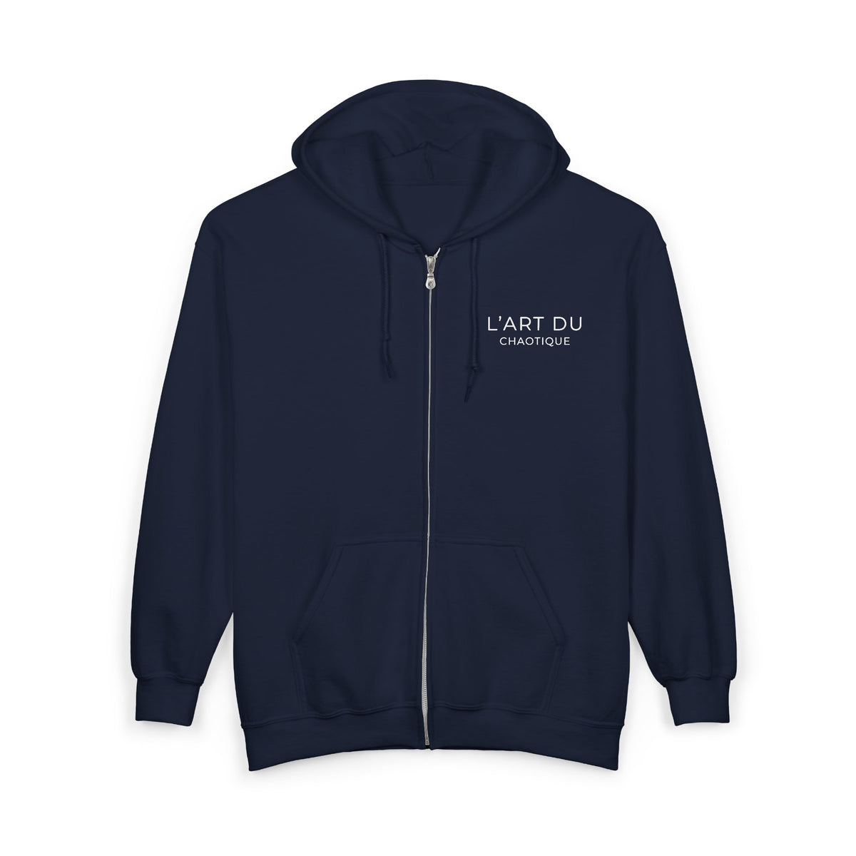 Navy CHTQ Design zip-up hoodie with a white L’Art du Chaotique graphic on the left chest, shown from the front on a white background.