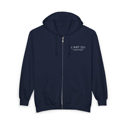 Navy CHTQ Design zip-up hoodie with a white L’Art du Chaotique graphic on the left chest, shown from the front on a white background.