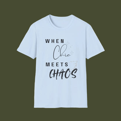 Light blue t-shirt with text 'When Chic Meets Chaos'