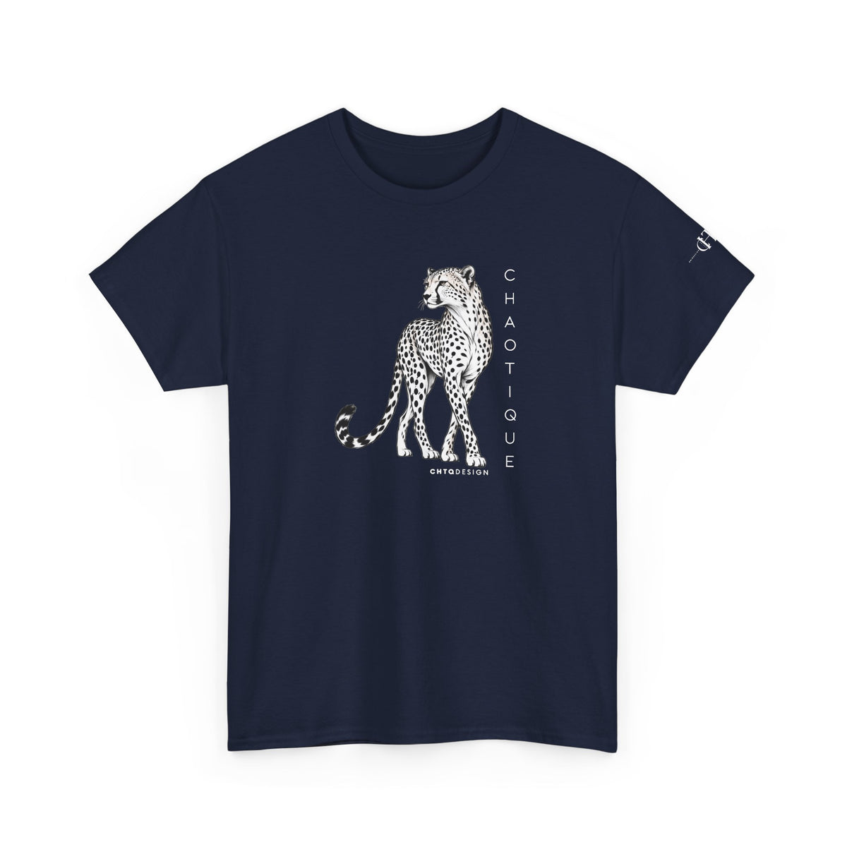Navy CHAOTIQUE graphic T-shirt with hand-drawn cheetah illustration, vertical CHAOTIQUE text and CHTQ Design details.
