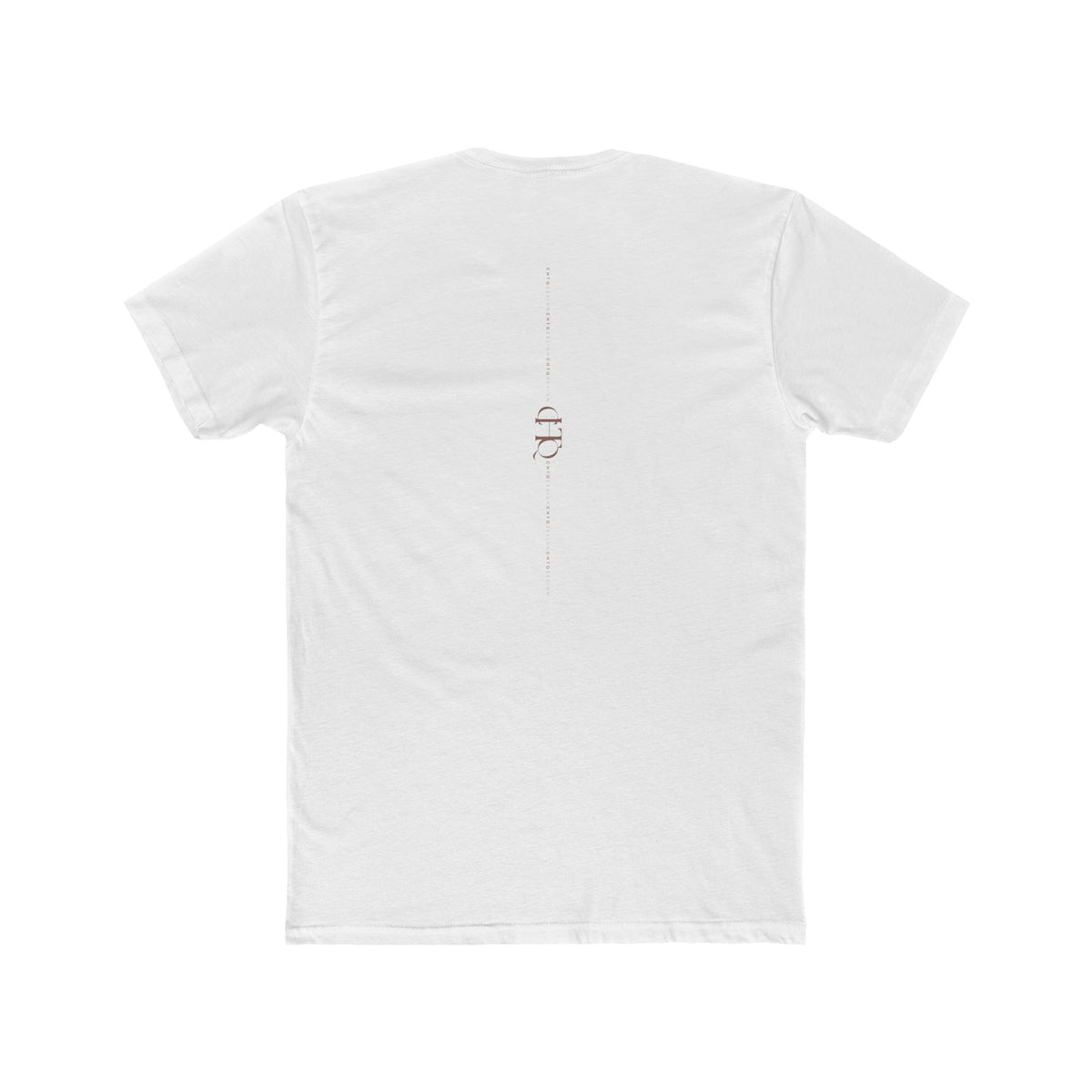 CHTQ Design white T-shirt with minimalist vertical CHTQ graphic running down the back