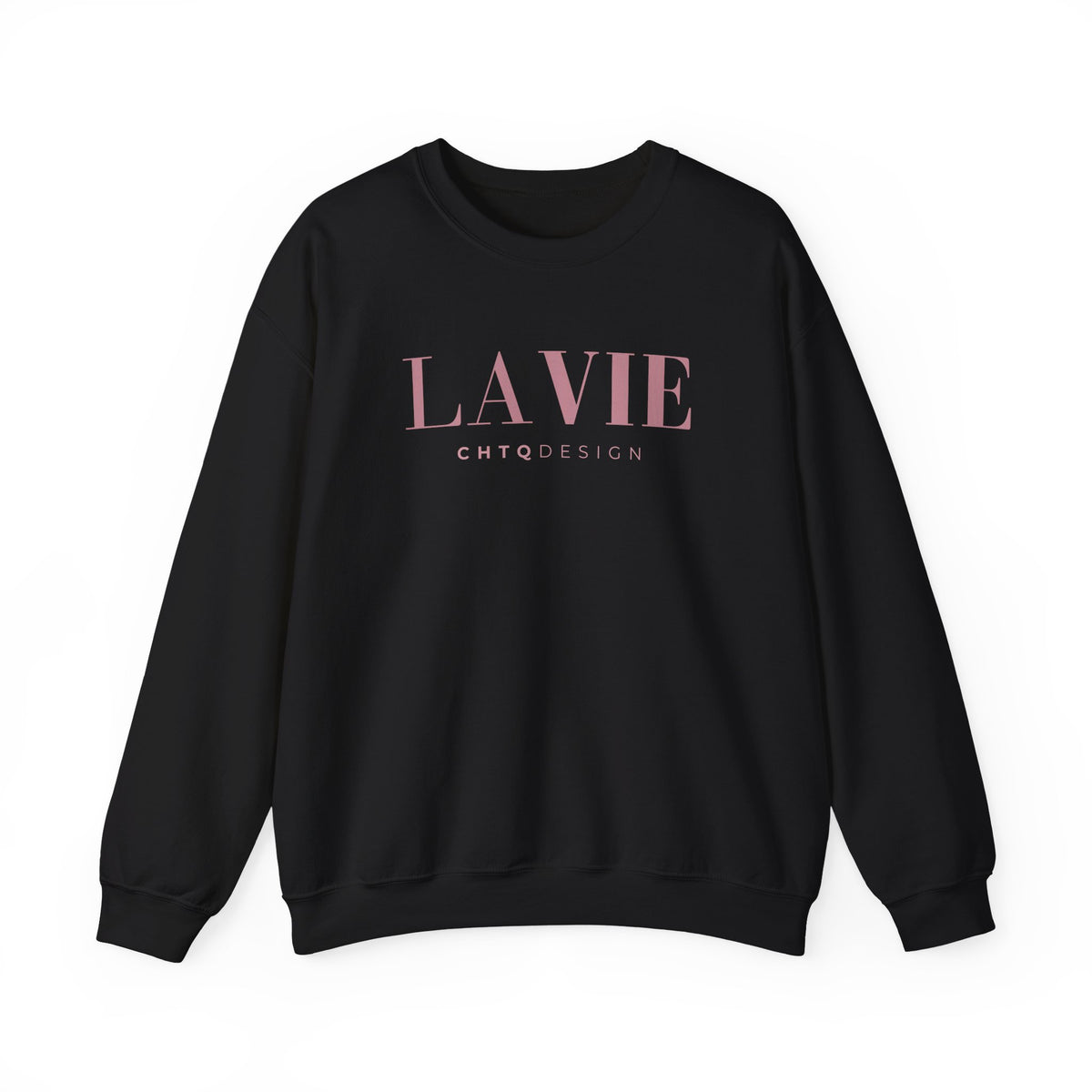 A navy black crewneck sweatshirt featuring a pink “LA VIE” graphic with smaller “CHTQ DESIGN” text underneath, displayed against a clean white background.