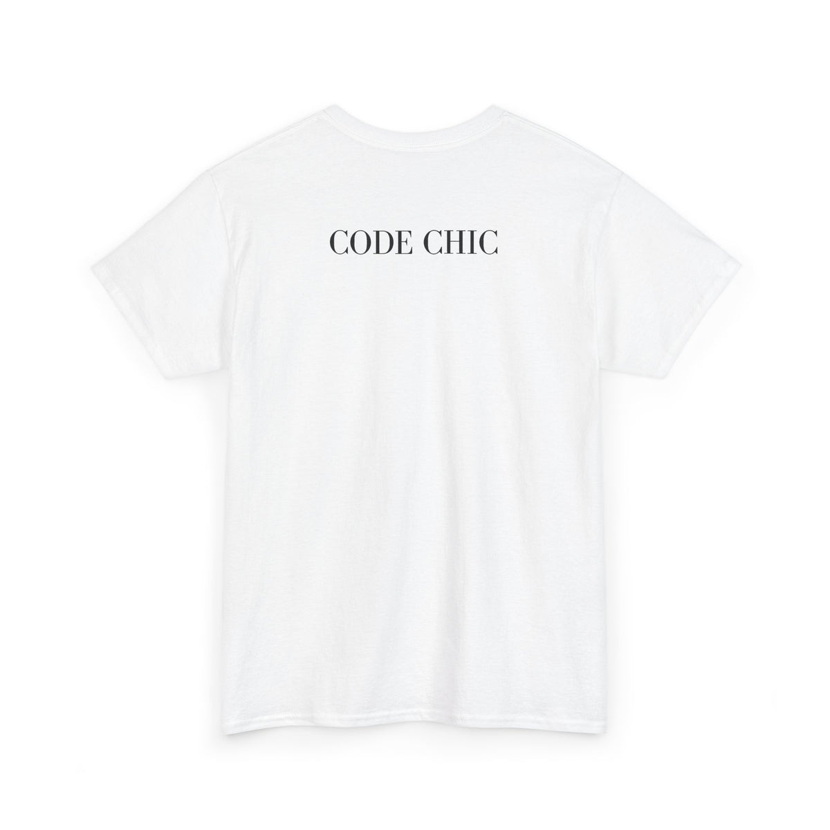 A white short-sleeve crewneck t-shirt with the text 'CODE CHIC' printed in black serif font across the upper chest, displayed on a clean white background.