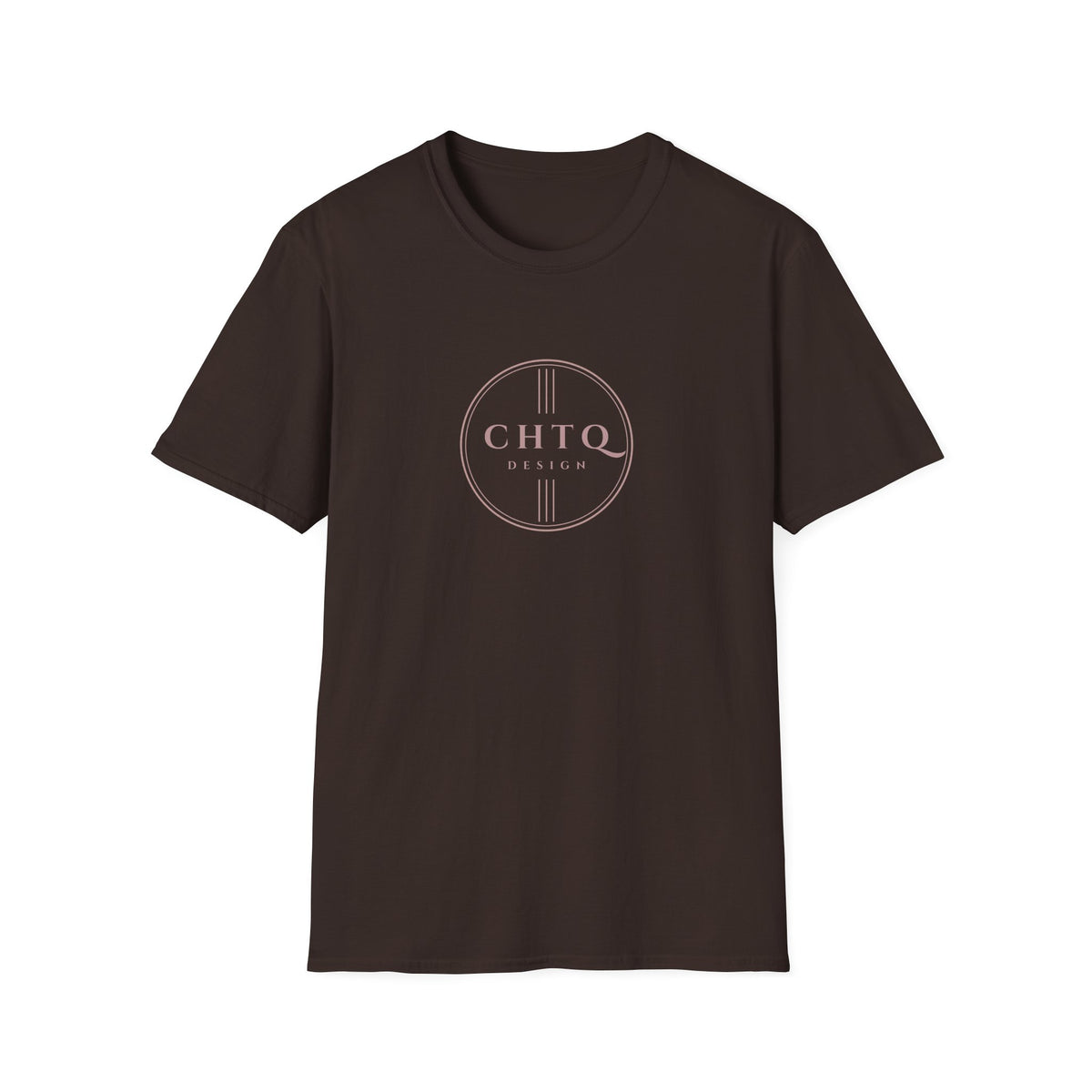 Dark Chocolate men’s graphic T-shirt featuring a rose gold CHTQ Design circle logo on the front, displayed against a white background.