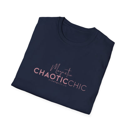A navy blue short-sleeve graphic T-shirt with 'Magnetic Chaotic Chic' printed in pink and white on the chest, displayed against a plain white background.