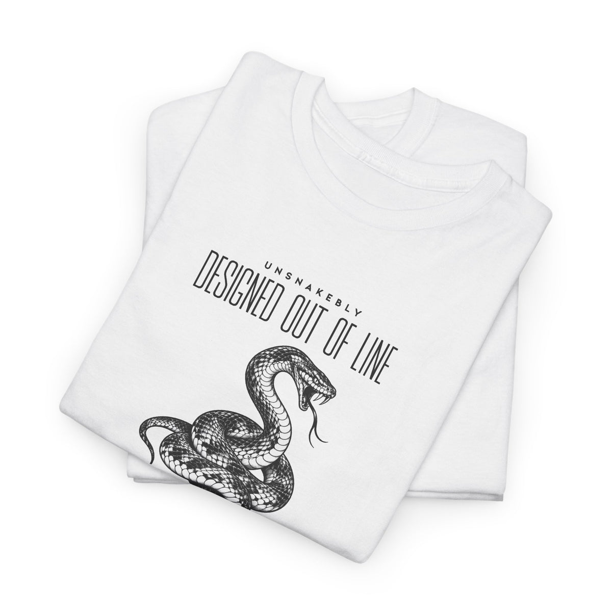 Folded white UNSNAKEBLY graphic T-shirt showing the snake illustration and printed typography.