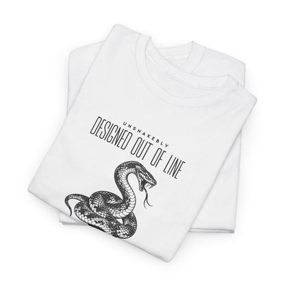 Folded white UNSNAKEBLY graphic T-shirt showing the snake illustration and printed typography.