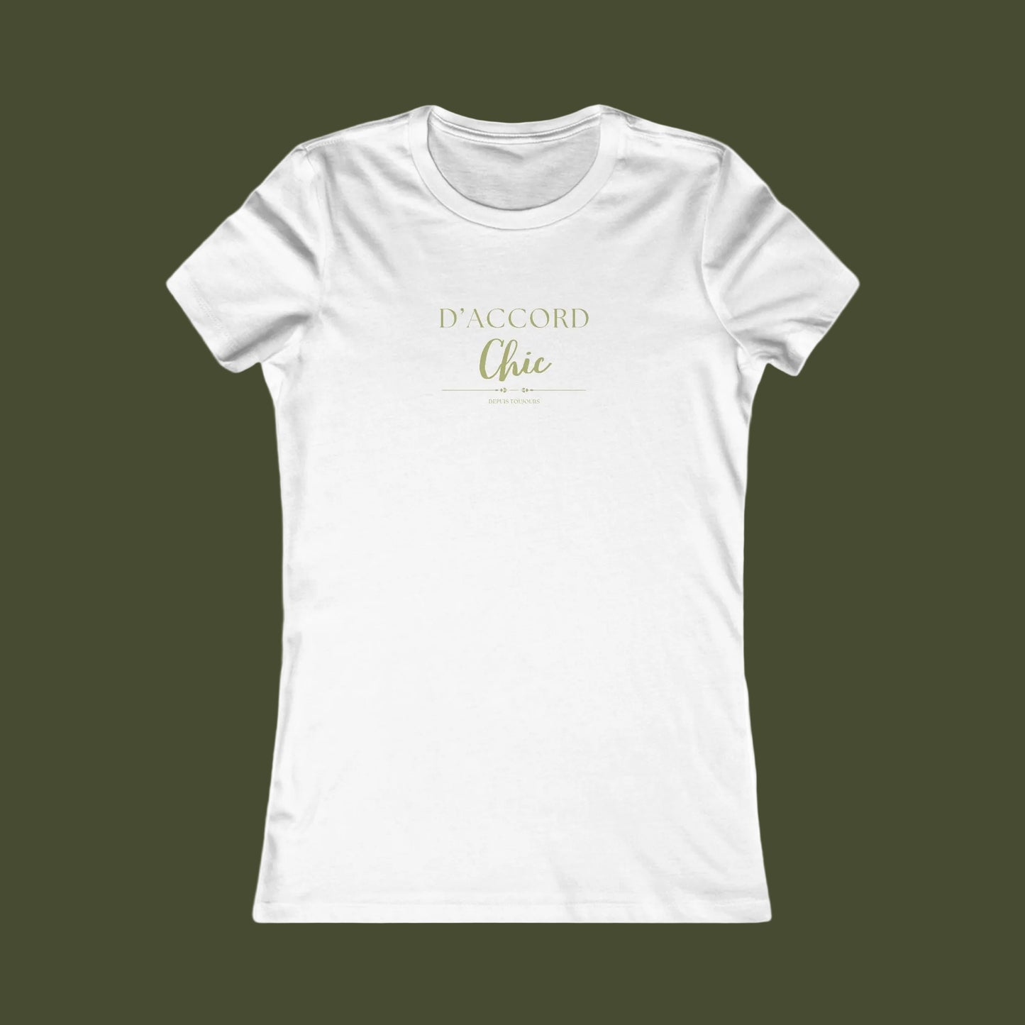 A white short-sleeve crewneck t-shirt with 'D'ACCORD Chic' printed in gold on the chest, displayed on a clean white background.