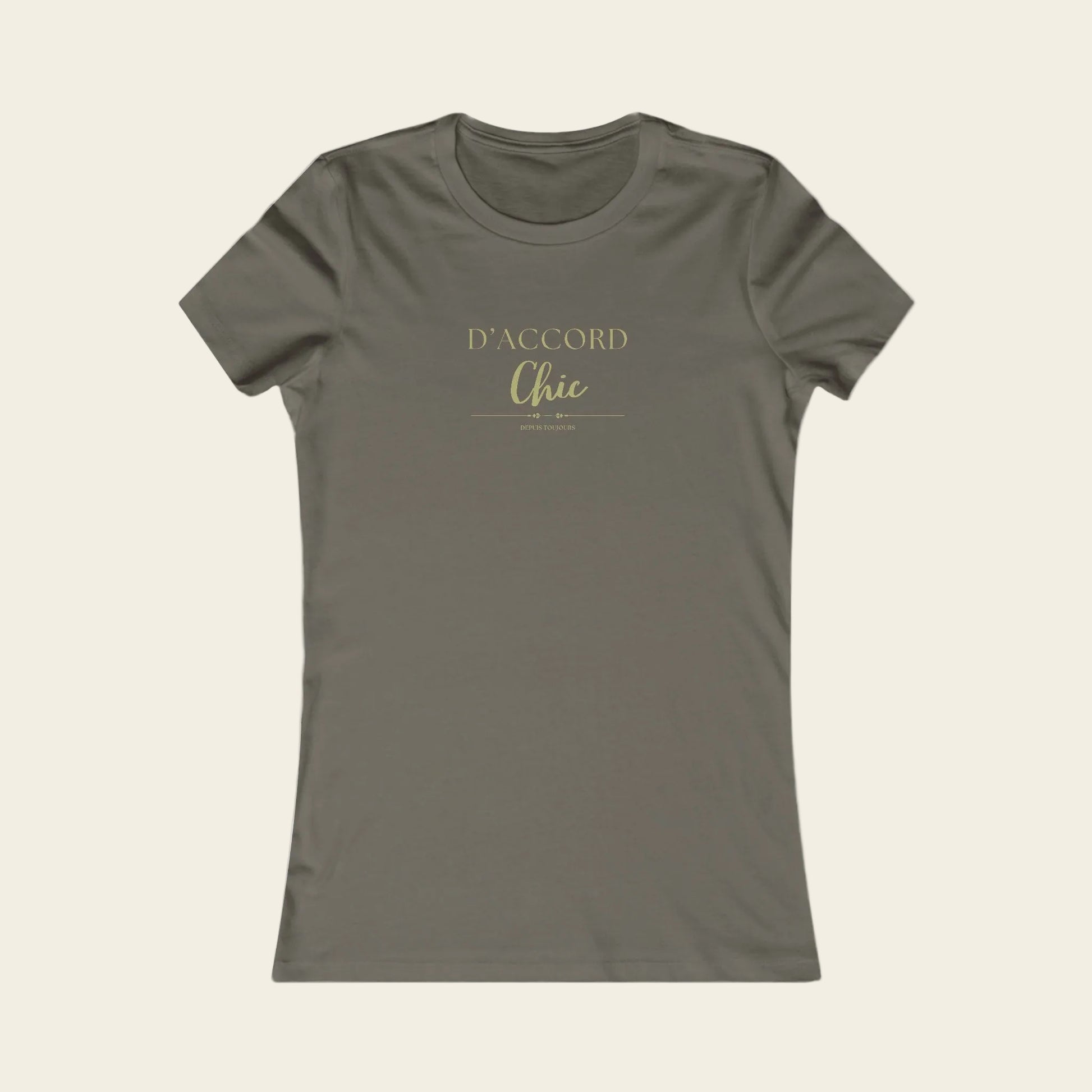 Olive green t-shirt with 'D'ACCORD Chic' text on background