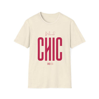 Natural cream D’Accord CHIC T-shirt with raspberry pink graphic lettering and subtle CHTQ Design signature.