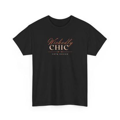 Black Wickedly Chic Graphic T-Shirt featuring elegant copper-colored script lettering, cream CHIC typography, and subtle CHTQ Design detailing on the front. Front view on a white background.