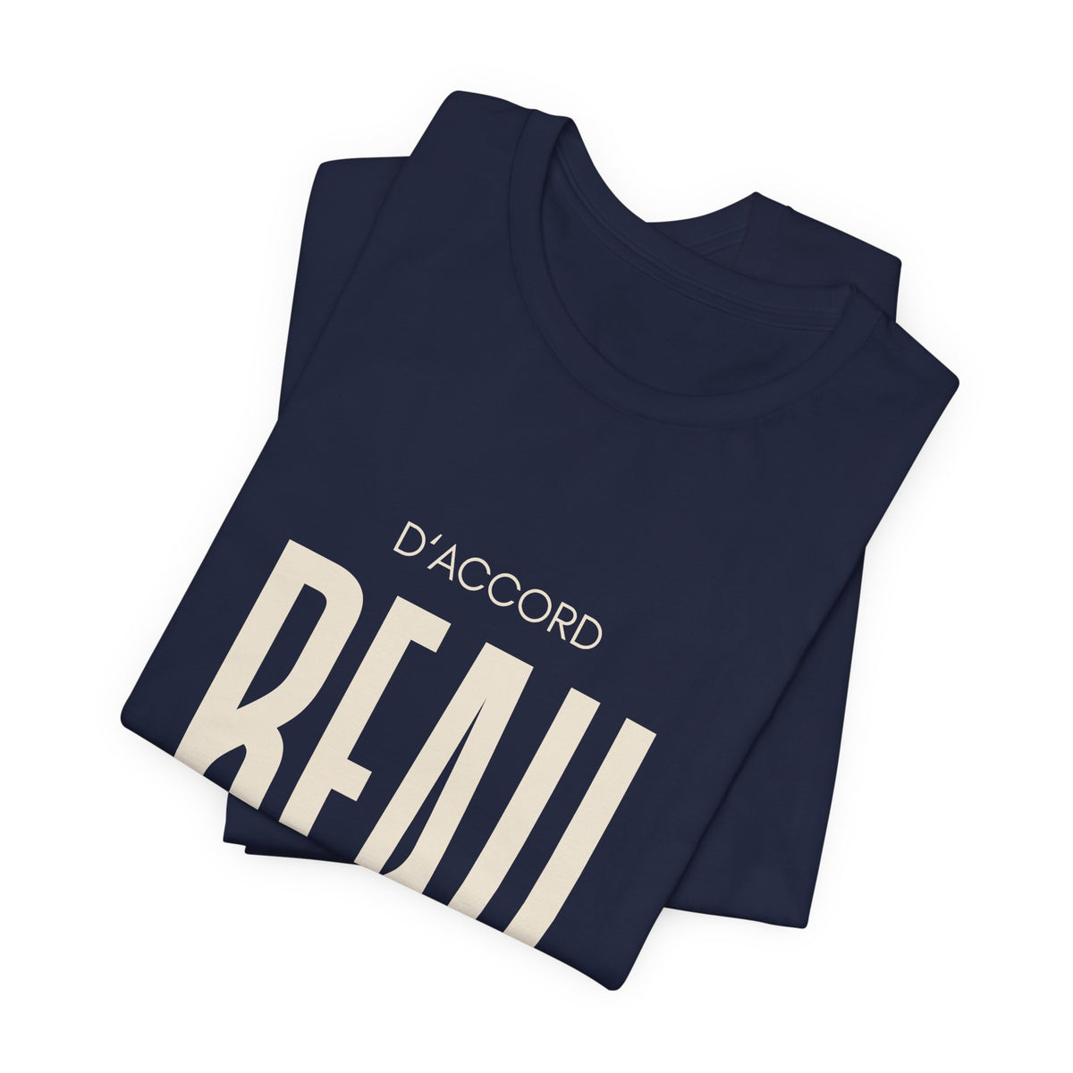 Folded Navy blue D'Accord BEAU t-shirt with white text on a white background