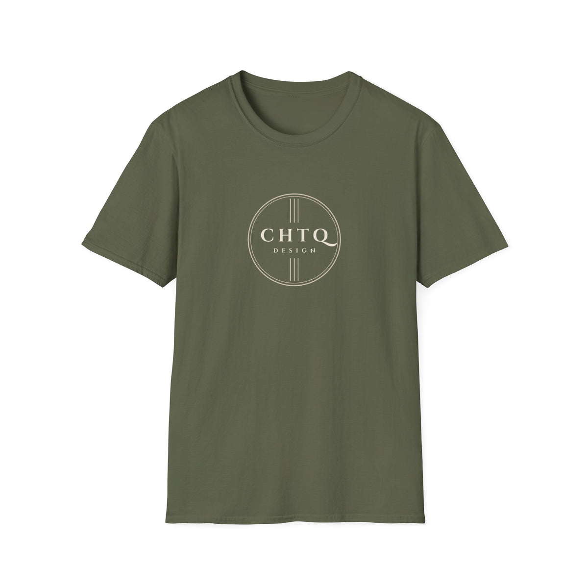 Green men’s graphic T-shirt featuring a gold CHTQ Design circle logo on the front, displayed against a white background.