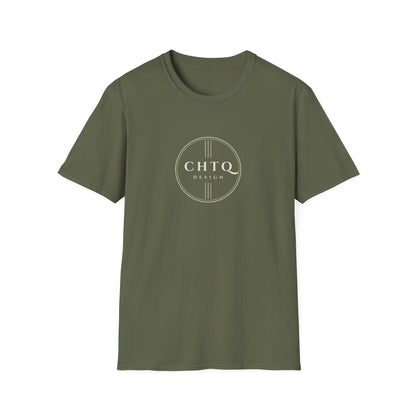 Green men’s graphic T-shirt featuring a gold CHTQ Design circle logo on the front, displayed against a white background.
