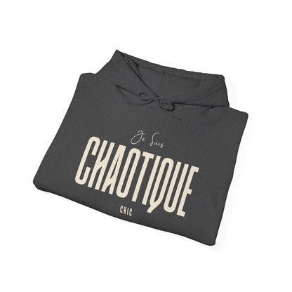 Folded charcoal gray Je Suis CHAOTIQUE CHIC hoodie featuring cream graphic lettering across the front.