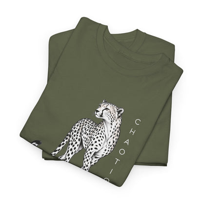 Folded Military green CHAOTIQUE graphic T-shirt with hand-drawn cheetah illustration, vertical CHAOTIQUE text and CHTQ Design details.