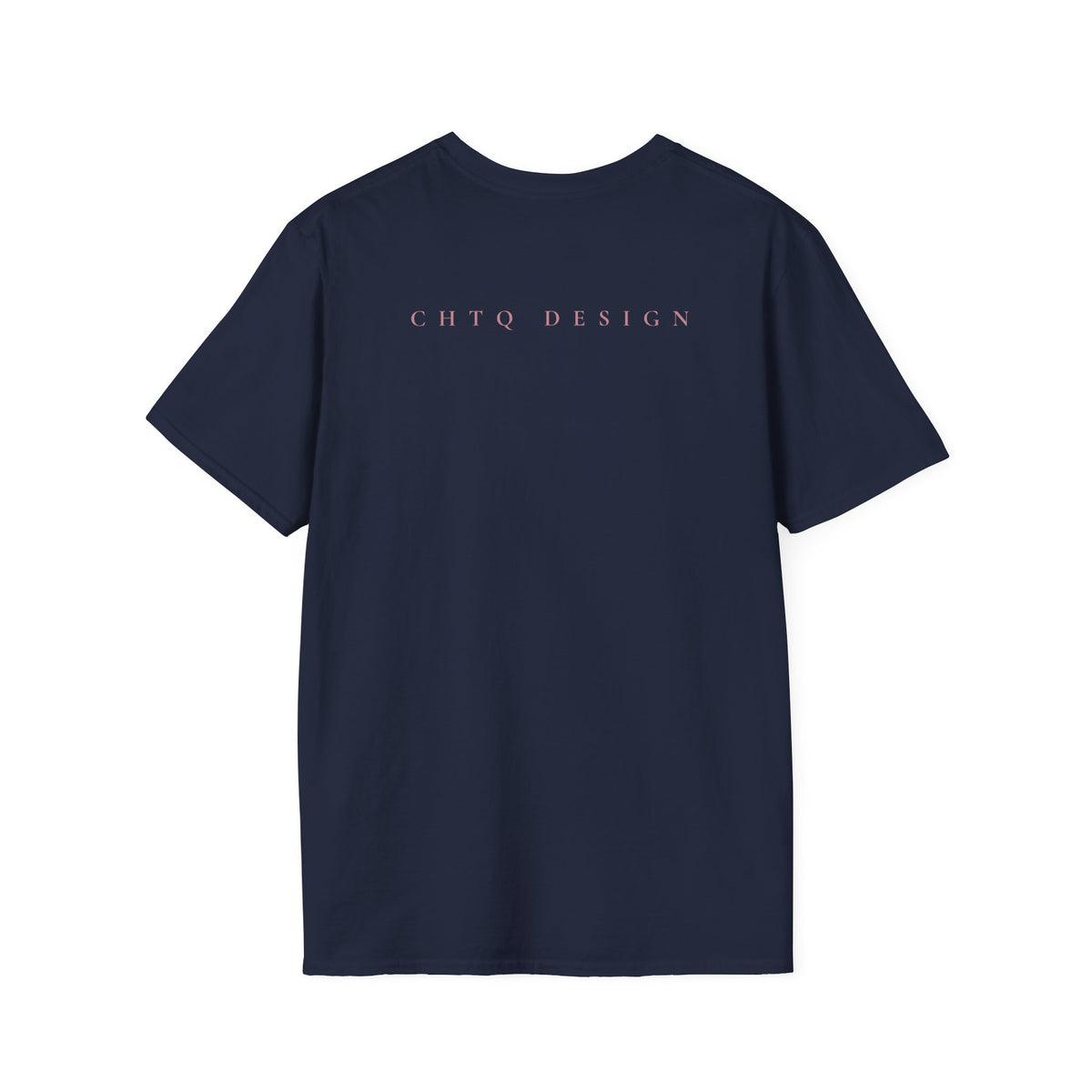 A navy blue CHTQ Design graphic T-shirt from back, with pink “CHTQ DESIGN” and “More Than a Look, It’s a Mindset” text on the front, displayed on a white background.