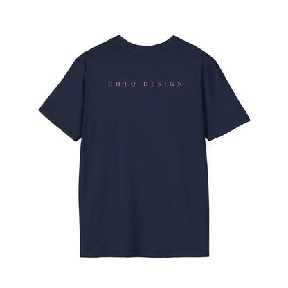 A navy blue CHTQ Design graphic T-shirt from back, with pink “CHTQ DESIGN” and “More Than a Look, It’s a Mindset” text on the front, displayed on a white background.
