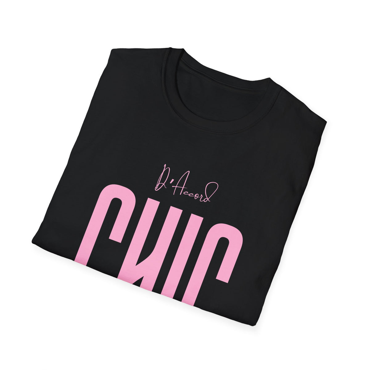 Folded black D’Accord CHIC T-shirt showing the light pink front lettering.