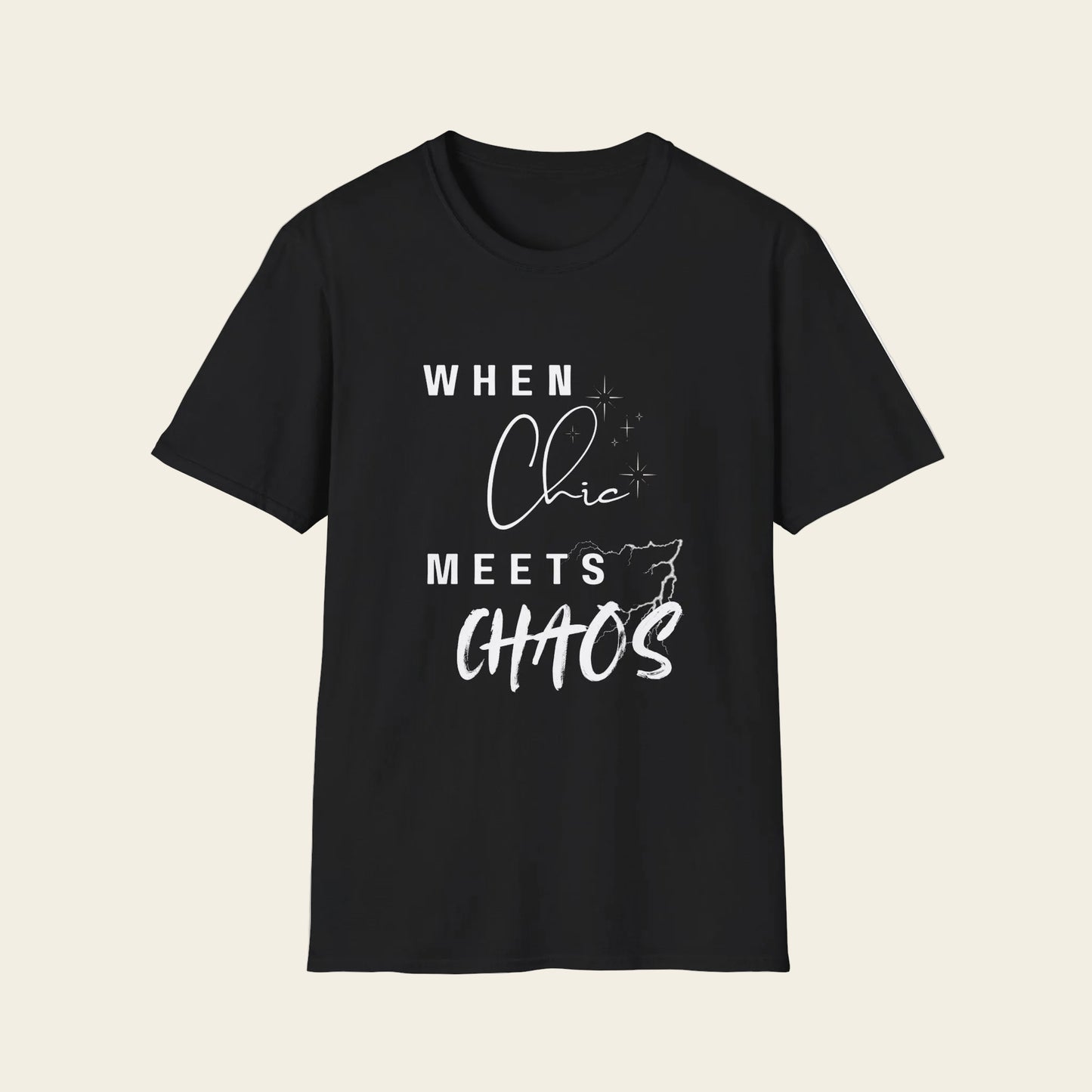 A black short-sleeve crewneck t-shirt with a white graphic text print that reads 'WHEN Chic MEETS CHAOS' on a solid white background.