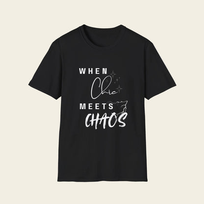 A black short-sleeve crewneck t-shirt with a white graphic text print that reads 'WHEN Chic MEETS CHAOS' on a solid white background.