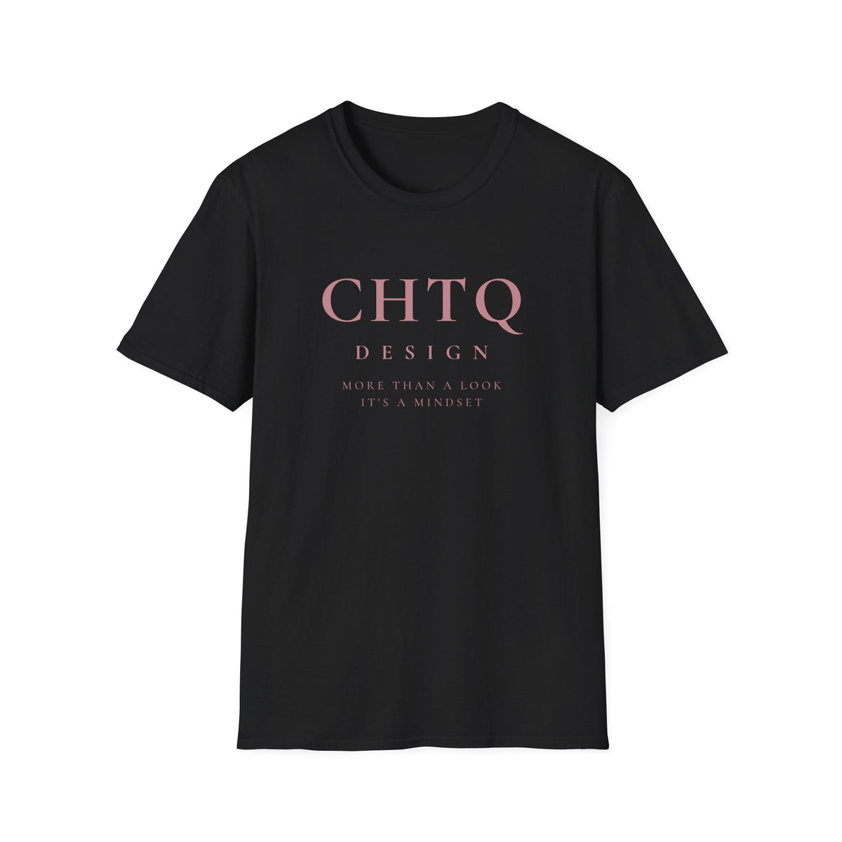 A black CHTQ Design graphic T-shirt with pink “CHTQ DESIGN” and “More Than a Look, It’s a Mindset” text on the front, displayed on a white background.