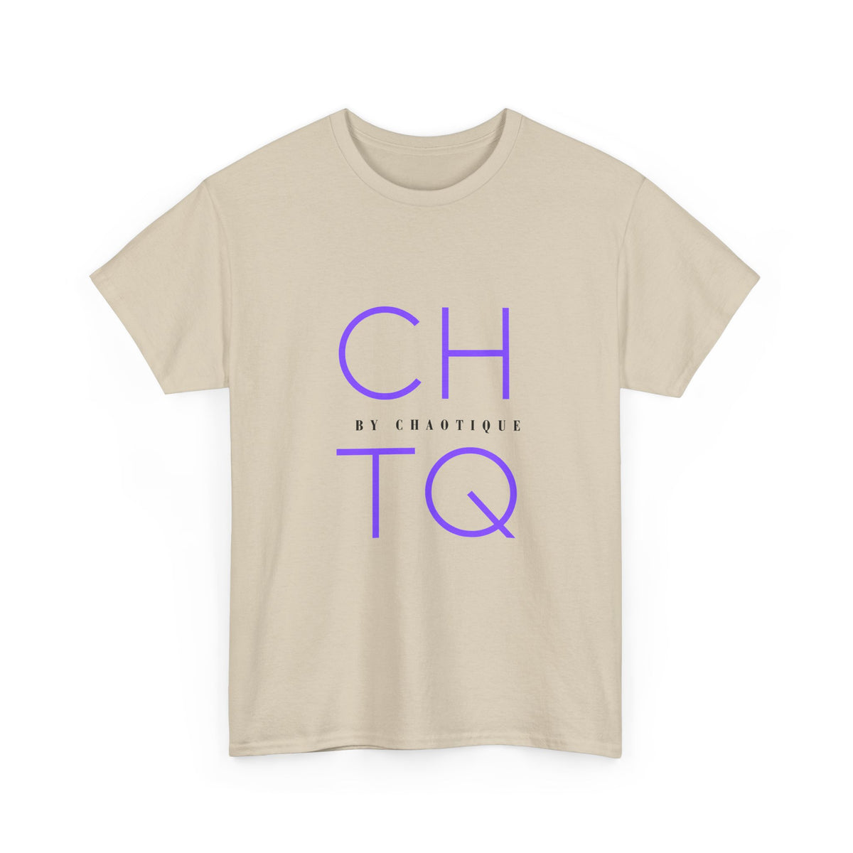 A beige crewneck t-shirt with a purple graphic print reading 'CHTQ' and 'BY CHAOTIQUE' in the center, displayed on a clean white background.