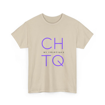 A beige crewneck t-shirt with a purple graphic print reading 'CHTQ' and 'BY CHAOTIQUE' in the center, displayed on a clean white background.