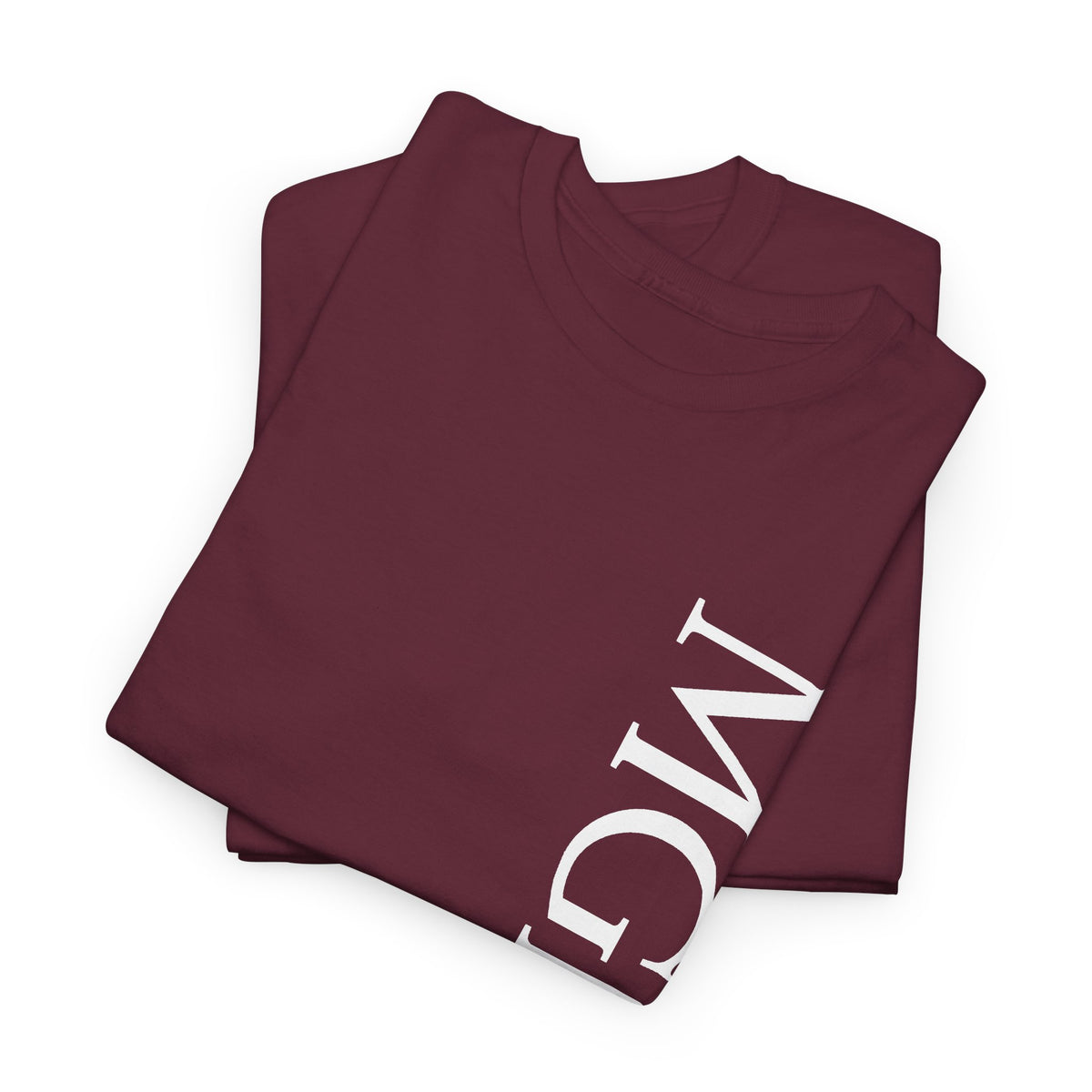 A folded maroon crewneck t-shirt with large white letters 'MGNFQ' printed vertically on the side, displayed on a clean white background.