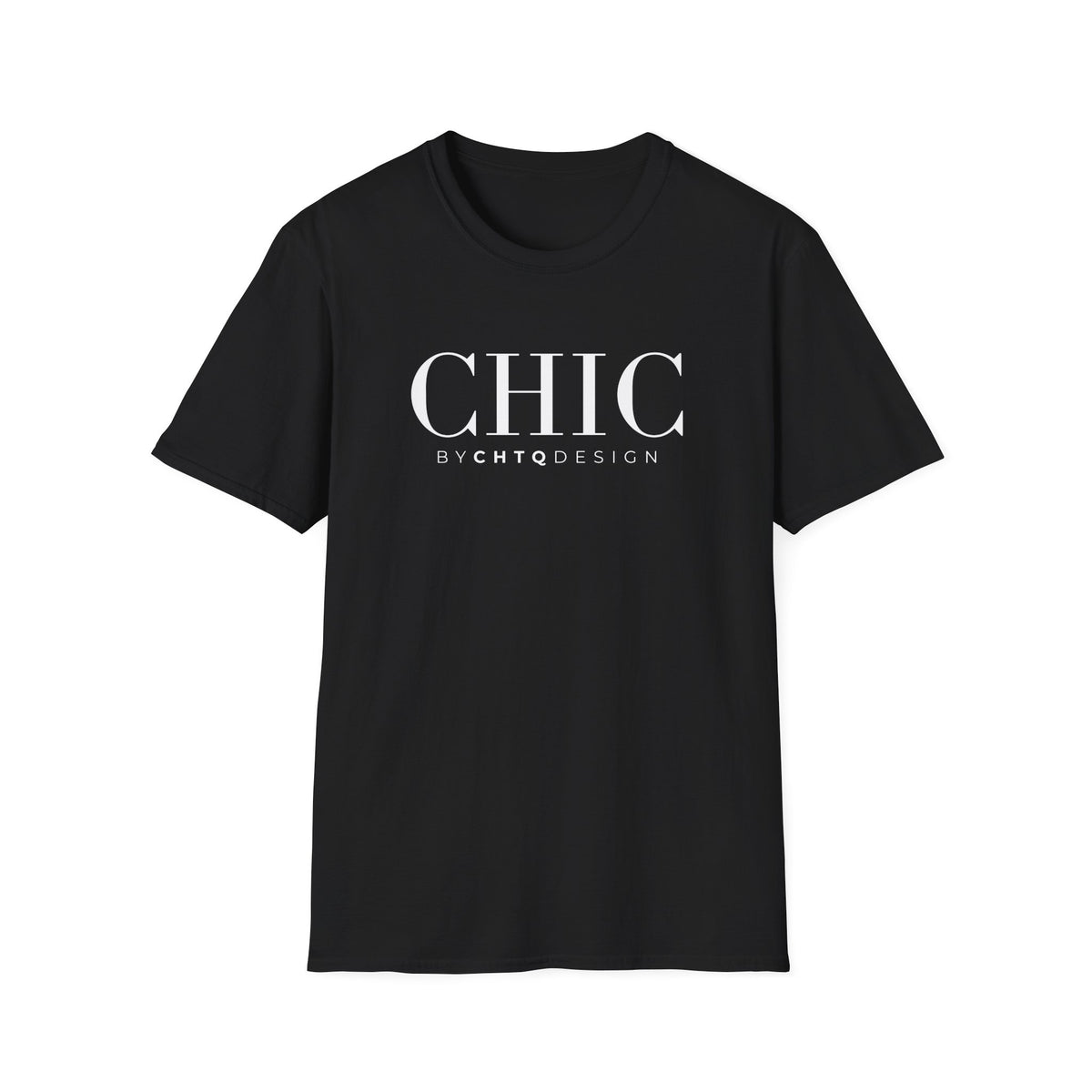 CHIC by CHTQ Design Women’s Graphic T-Shirt in black with white typography on the front.