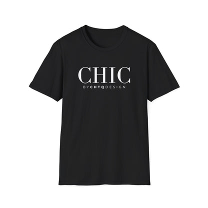 CHIC by CHTQ Design Women’s Graphic T-Shirt in black with white typography on the front.