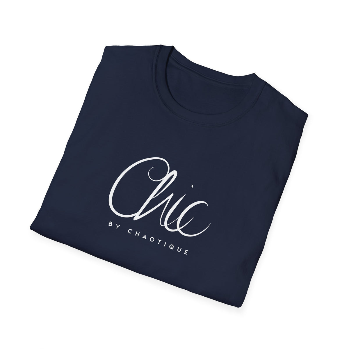 Folded Navy blue Chic by Chaotique graphic T-shirt featuring elegant white handwritten Chic lettering and subtle branding.