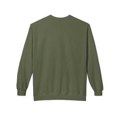 Back view of a military green CHIC by CHTQ Design crewneck sweatshirt.