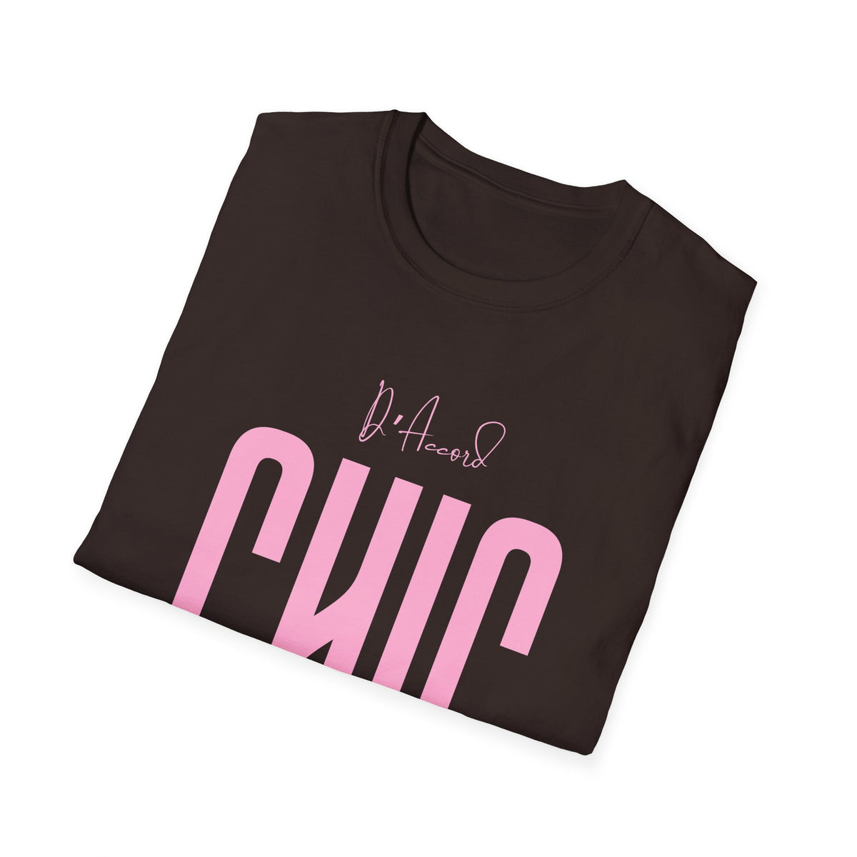Folded dark chocolate brown D’Accord CHIC T-shirt with light pink front lettering.