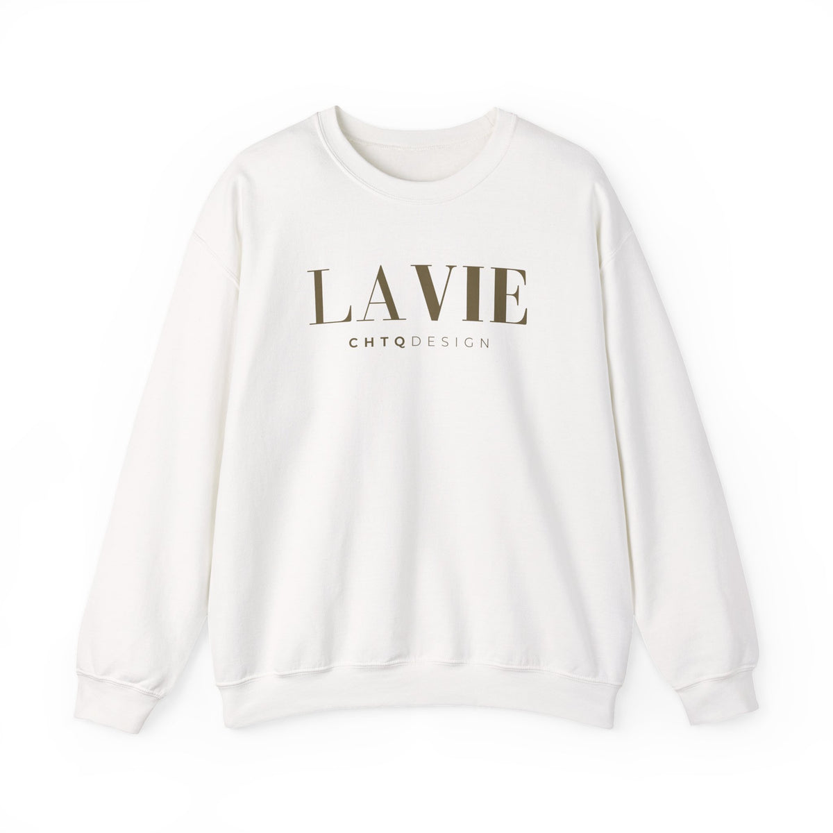 A white crewneck sweatshirt featuring a gold “LA VIE” graphic with smaller “CHTQ DESIGN” text underneath, displayed against a clean white background.